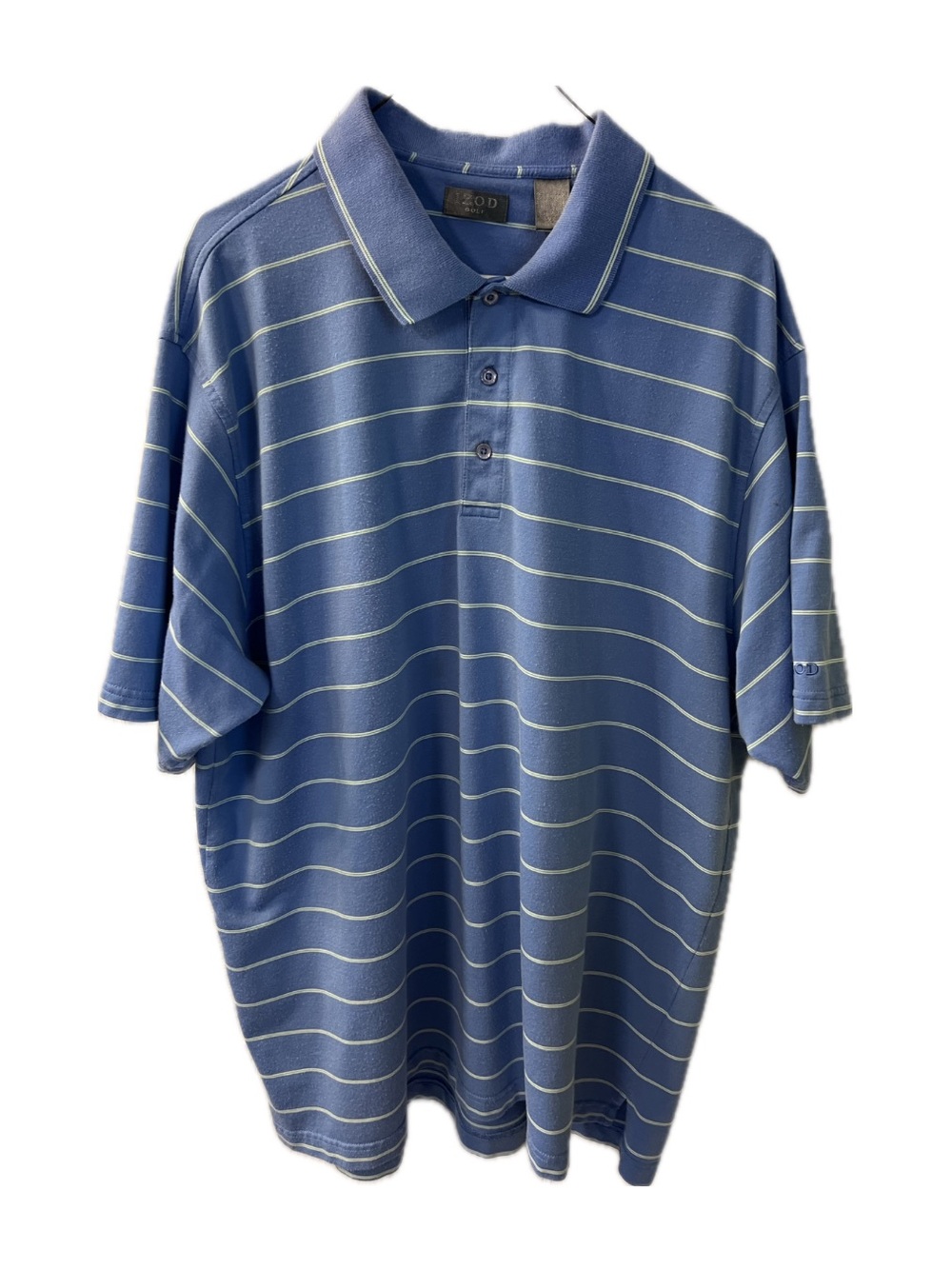 Izod Men's Blue Polo with Thin Yellow/White with Green Stripes